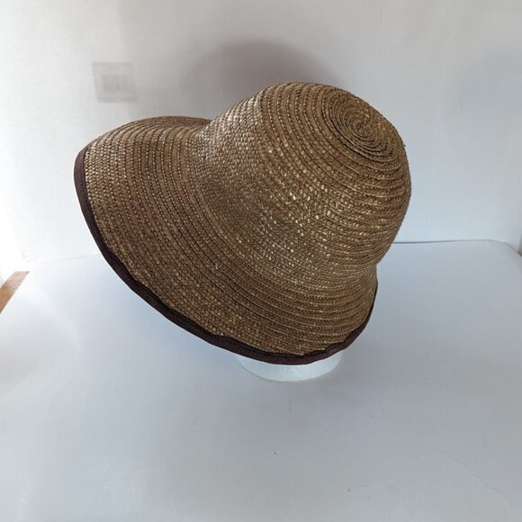 Vintage Liz Claiborne Straw Hat, High Low Brown Fabric Trim Sun Beach - Picture 5 of 9